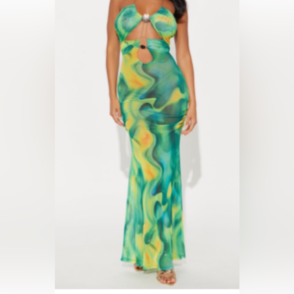 Fashion Nova Green and Yellow Swirl Maxi Dress